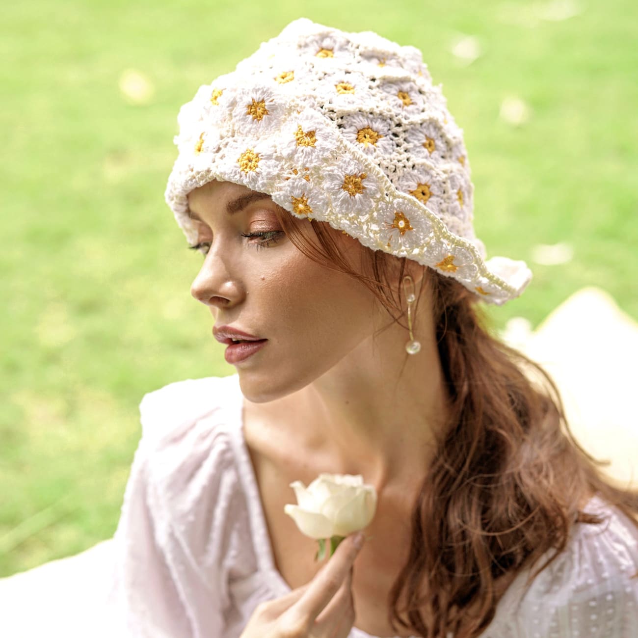 Flora Crochet Cotton Hat In Off White One size