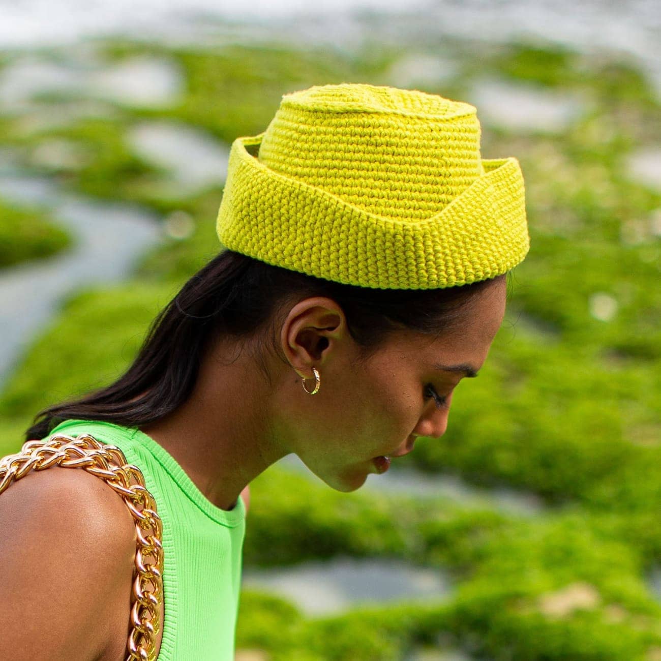 Gani Crochet Cotton Hat In Neon Green