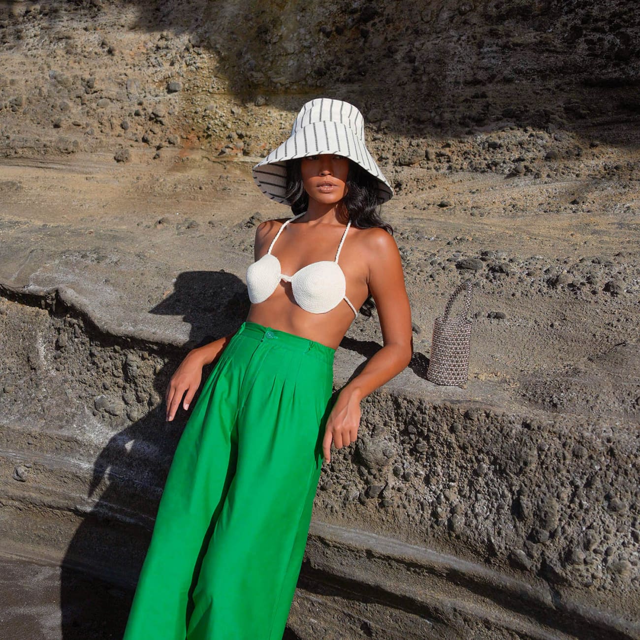 Harper Striped Wide Brim Cotton Hat In Black/Off White