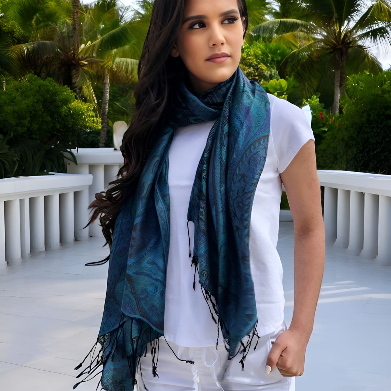 Indian Blue Green Modal Silk Scarf - Scarves