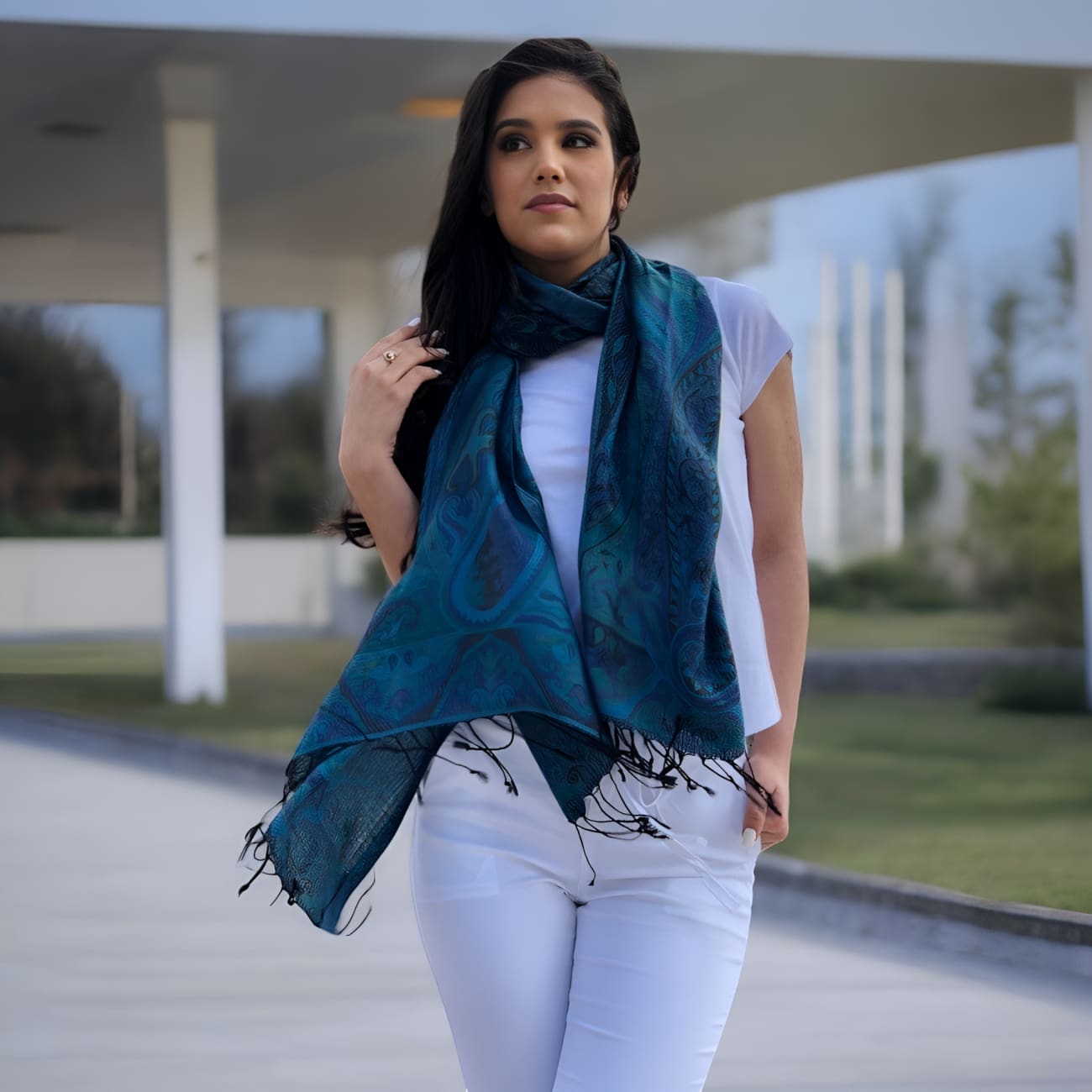 Indian Blue Green Modal Silk Scarf - Scarves
