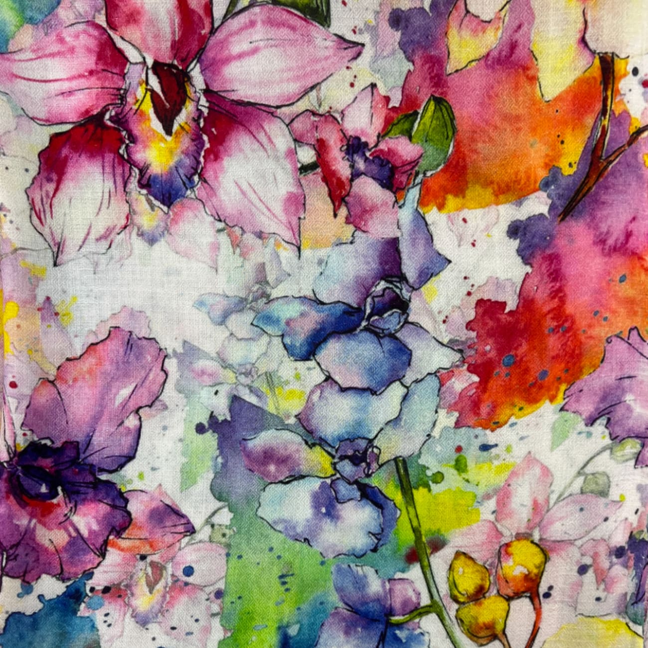 Indian Watercolor Flowers Modal Silk Scarf - Scarves