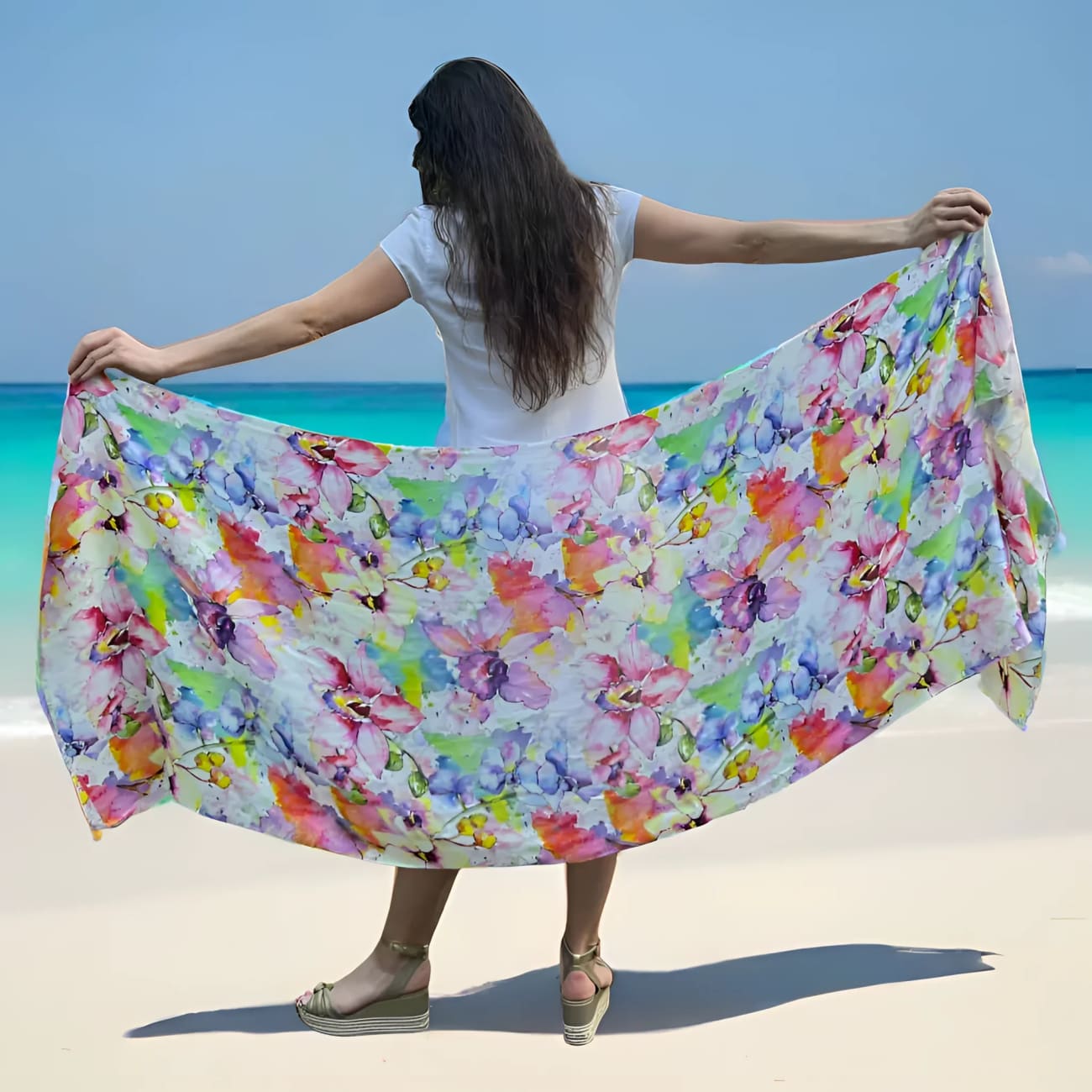 Indian Watercolor Flowers Modal Silk Scarf - Scarves