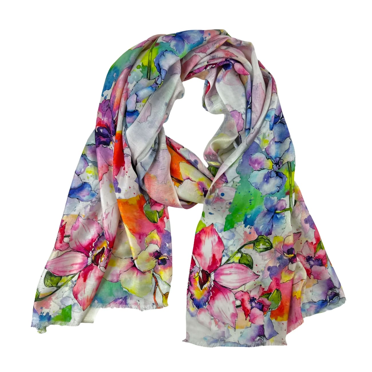 Indian Watercolor Flowers Modal Silk Scarf - Scarves