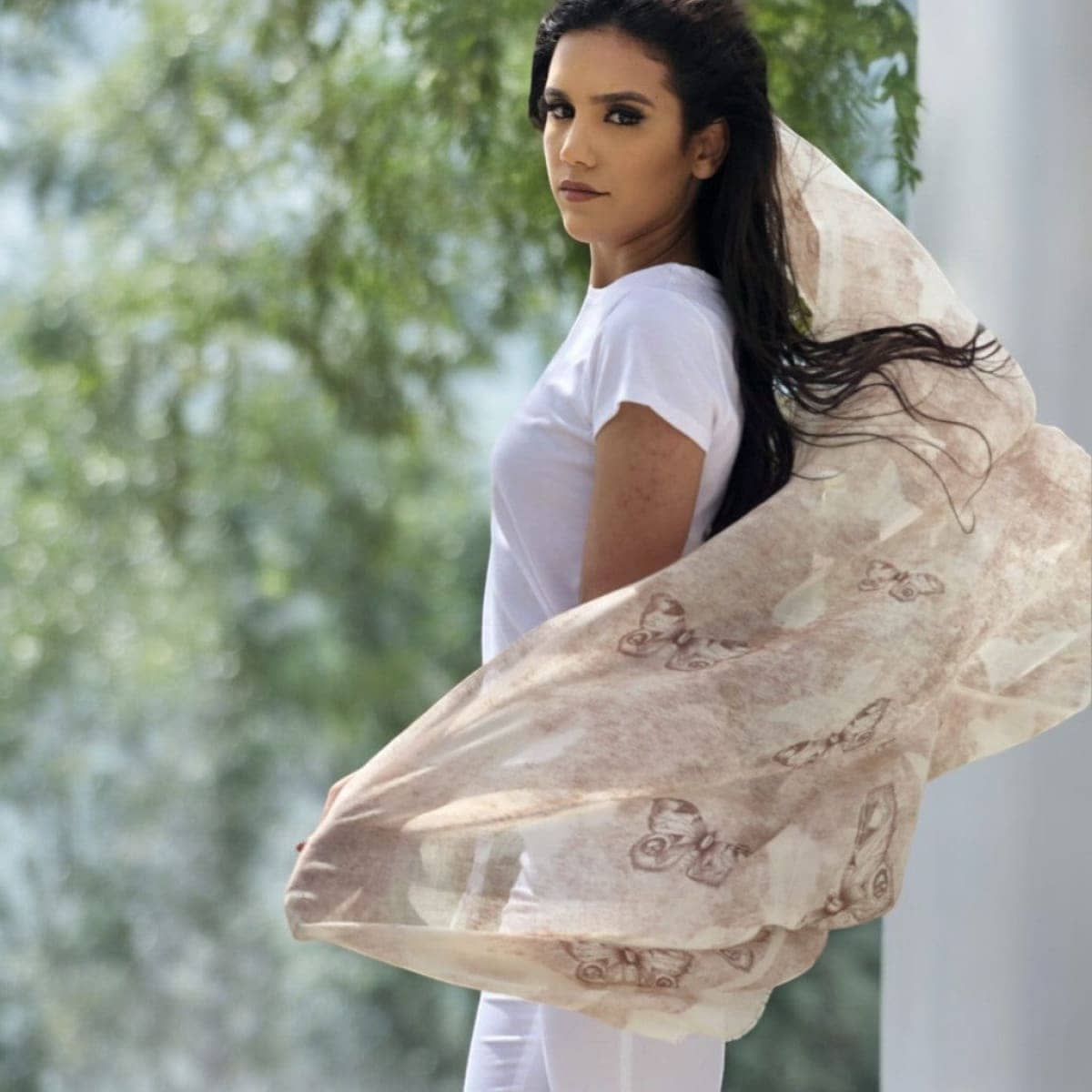 Ivory Butterfly Wool/Silk Scarf - Scarves