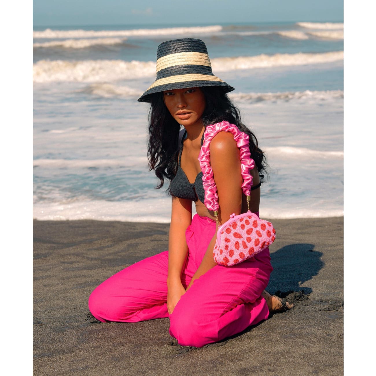 Nona Striped Bucket Straw Hat In Natural/Black
