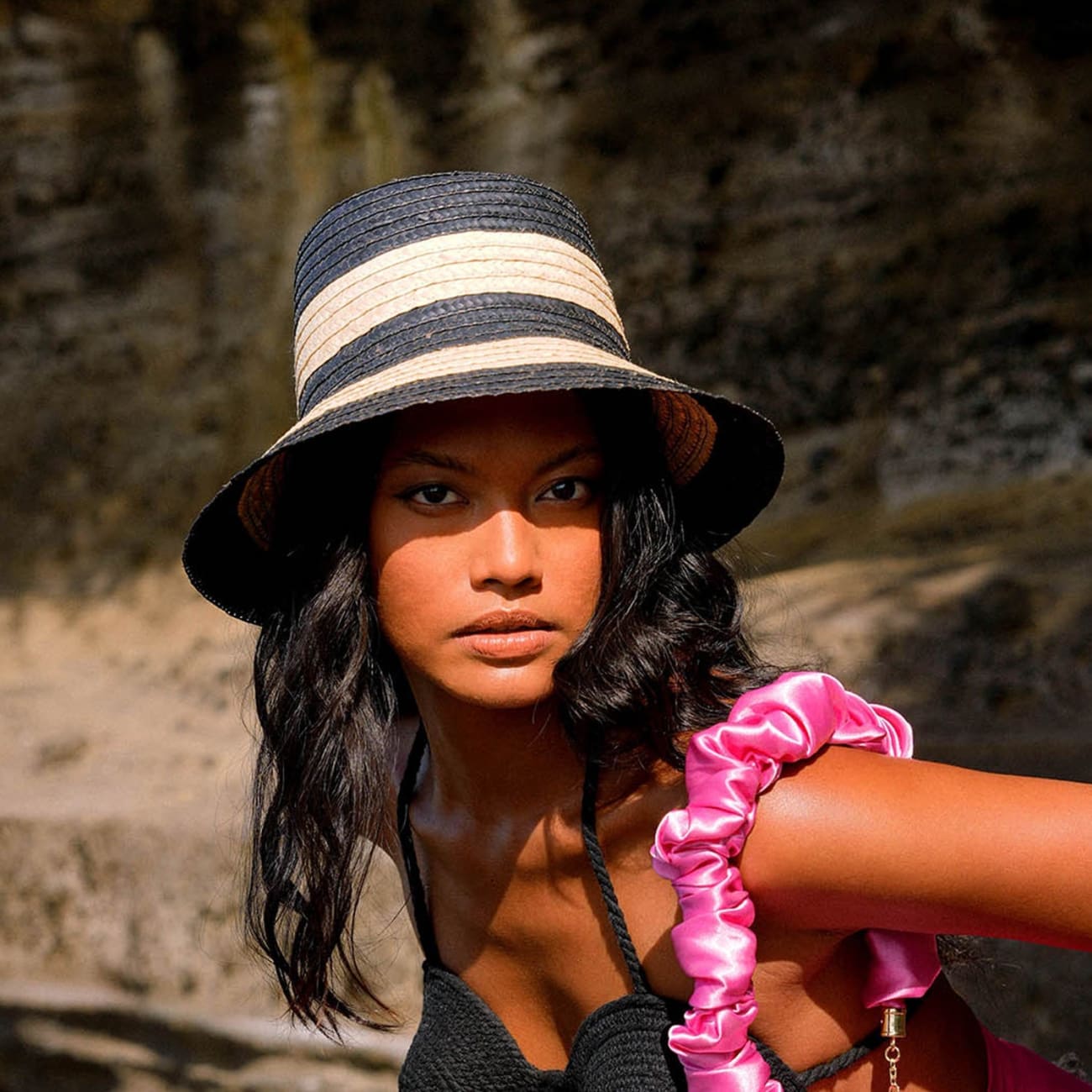Nona Striped Bucket Straw Hat In Natural/Black