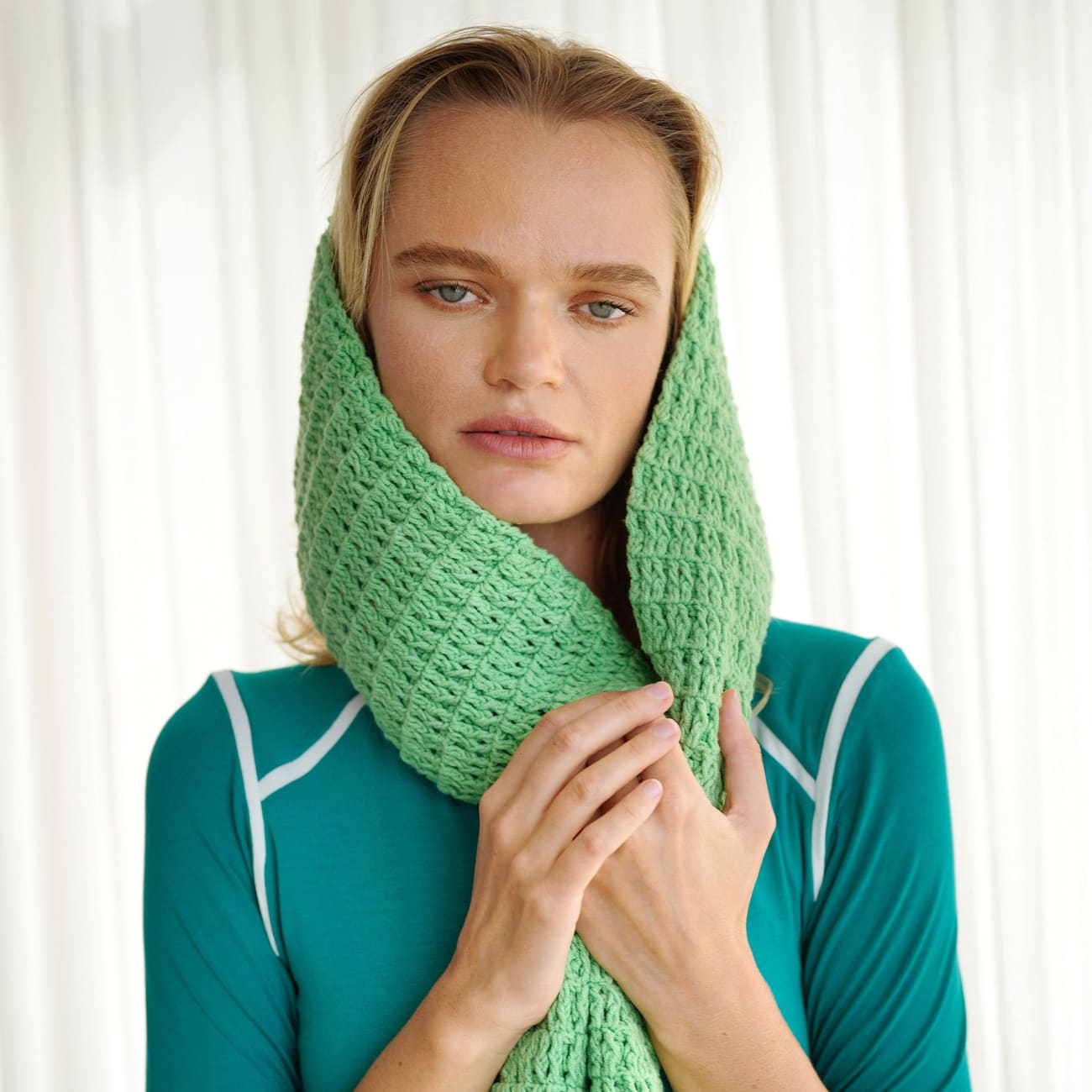 Waffle Crochet Cotton Scarf In Sage Green One size / 100%