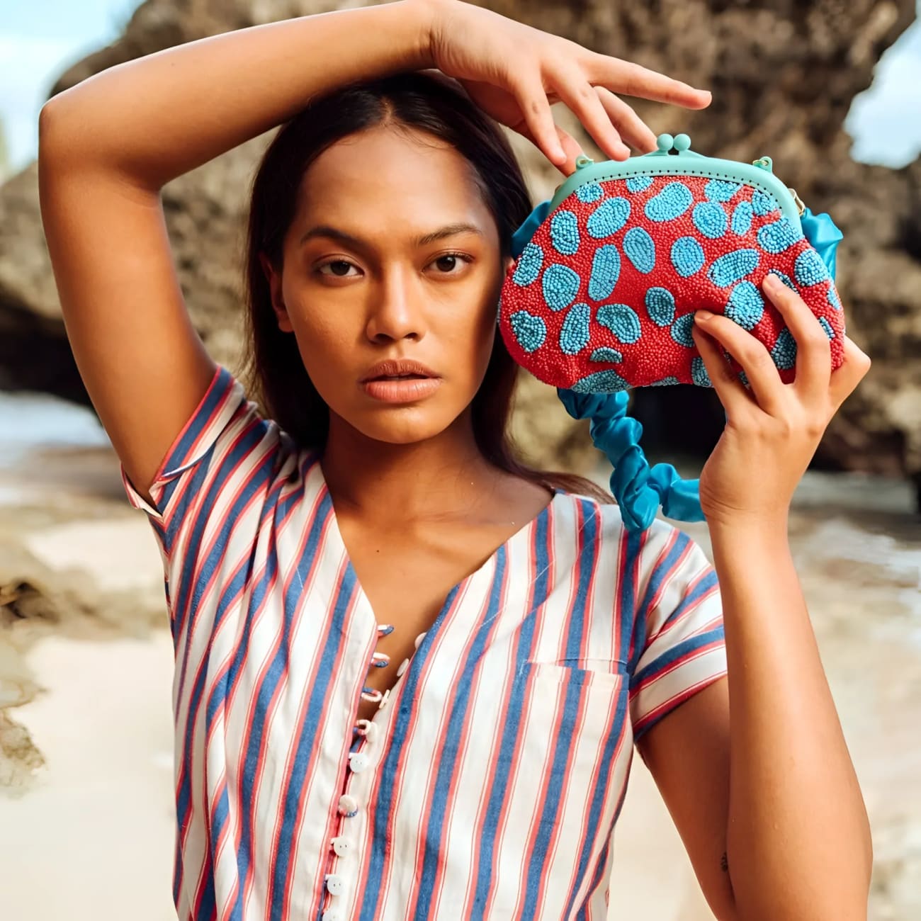 Arnoldi Ariela Beaded Clutch-Turquoise/Red - Clutches