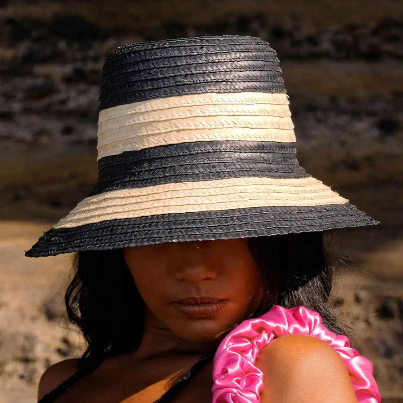 Nona Striped Bucket Straw Hat In Natural/Black